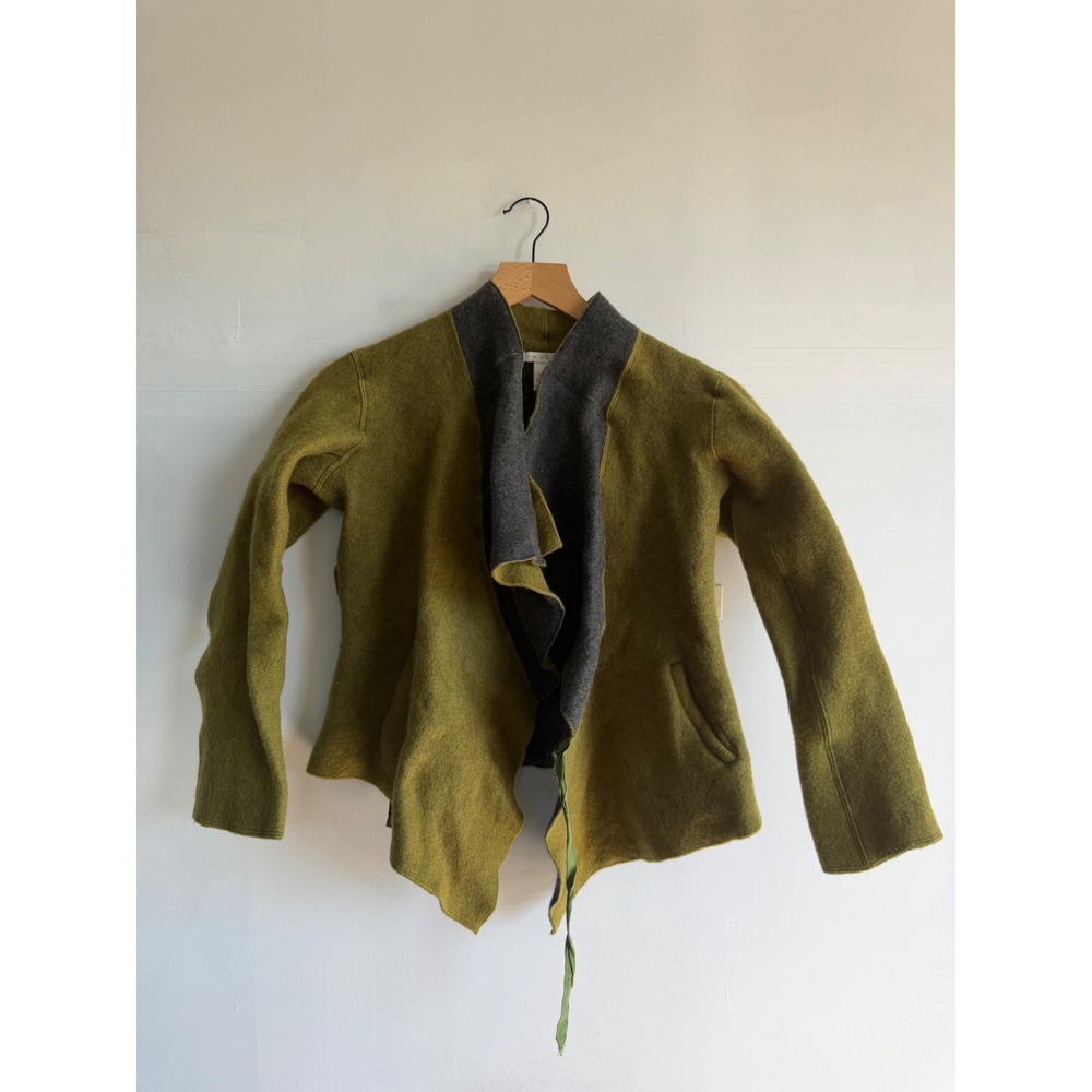 Tweeds Women Olive Green Boiled Wool Blend Draped Lagenlook Cabincore cardigan M